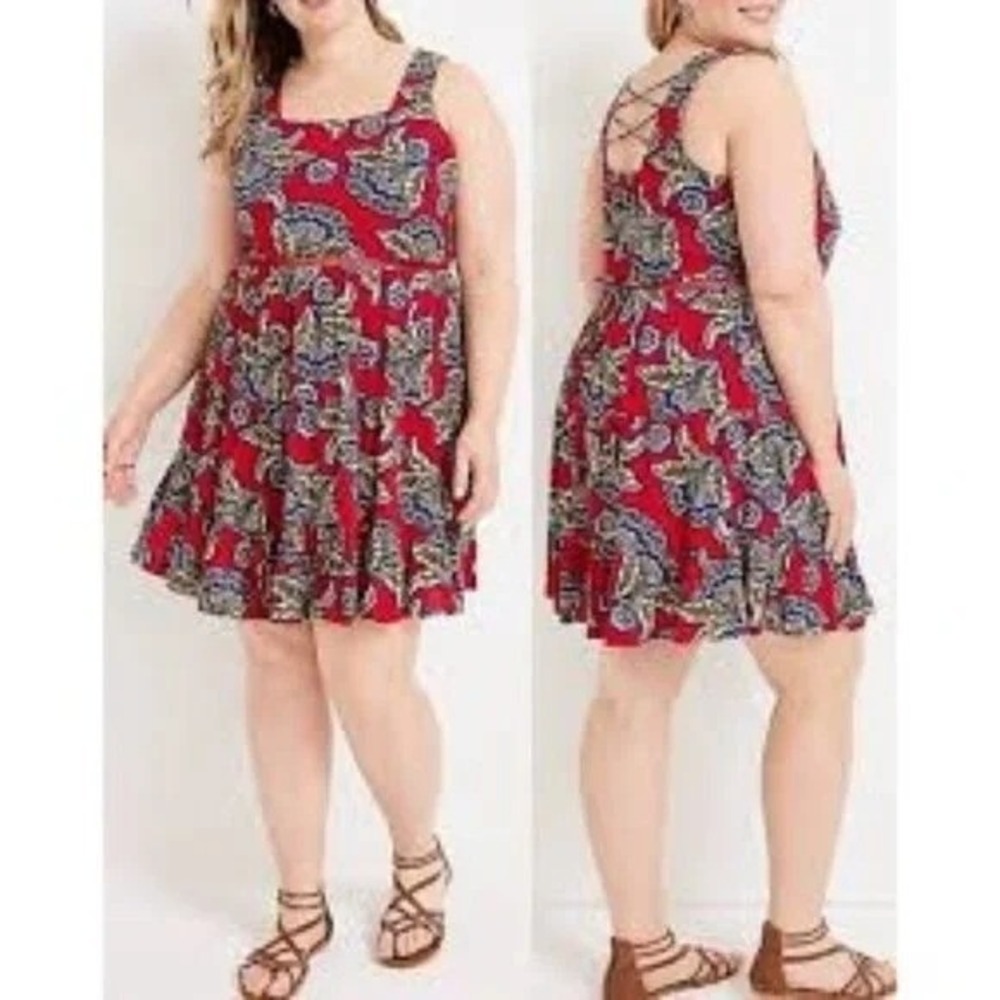 Maurices Red Paisley Sleeveless Criss Cross‎ Back Mini Dress 3X Whimsical Boho